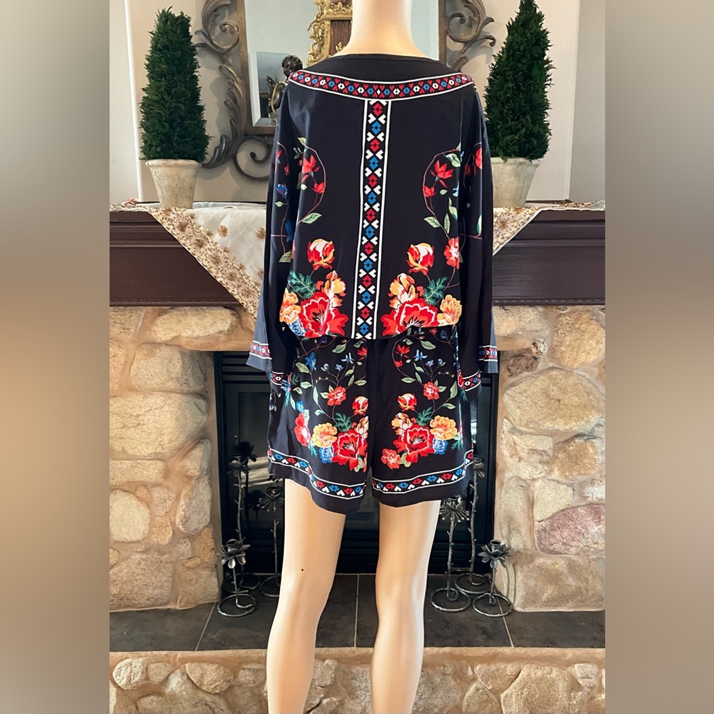 Vibrant Floral Black/Red Top & Short  2 piece set L - Picture 7 of 11